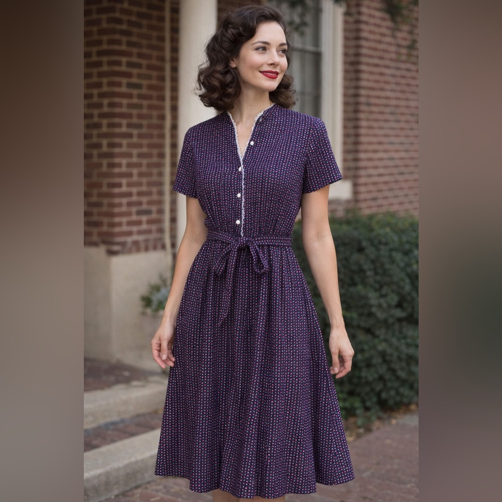 Windsor 70’s Vintage Navy Floral Midi Dress with Button and Lace Detail
